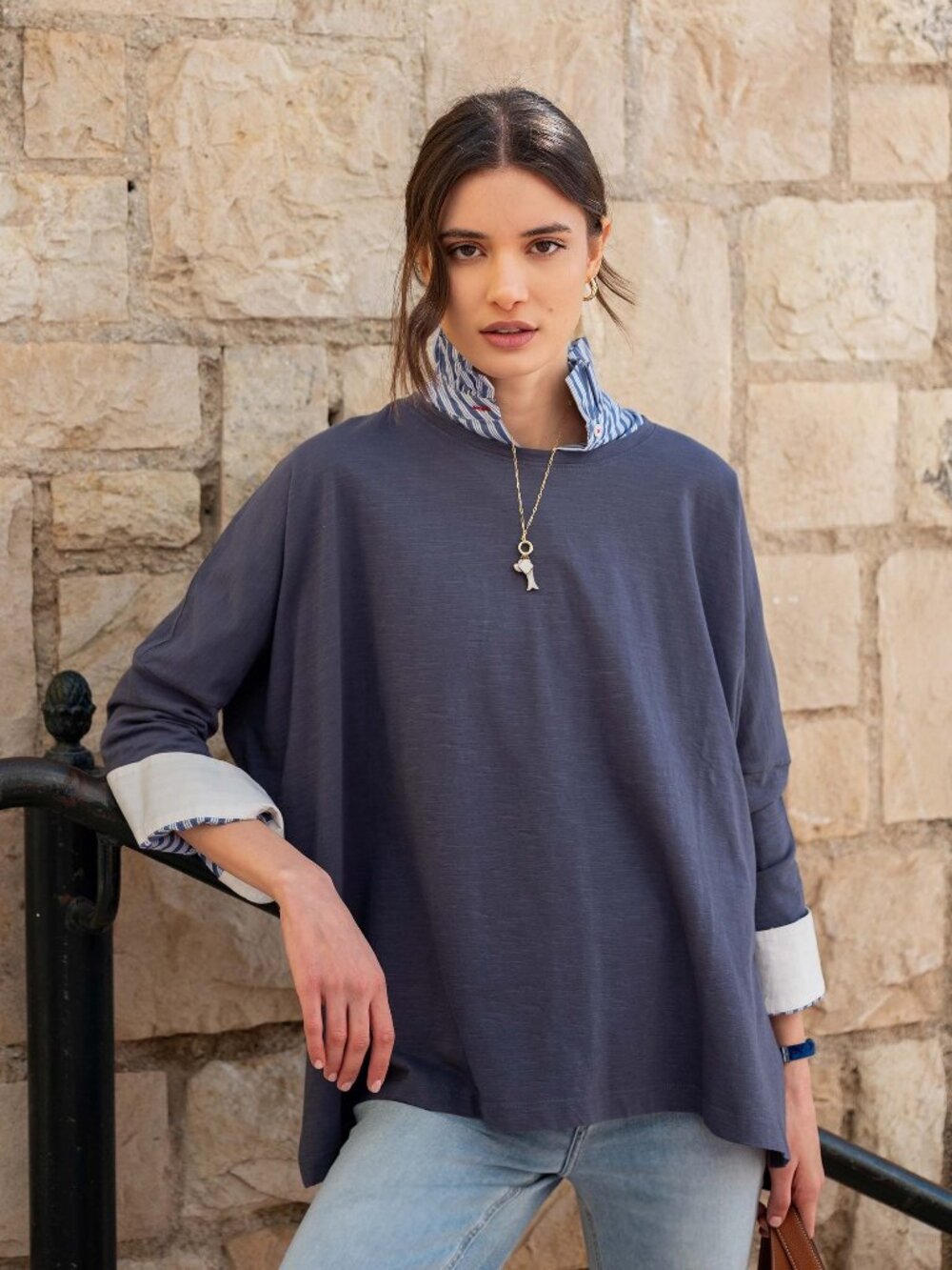 Mersea Catalina Slub Tee One Size Indigo Blue Cotton Beach Coastal Nautical Top